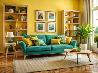 Vibrant Turquoise & Yellow Living Room Sofa, Cozy Book Shelf Decor, Home Interior Design