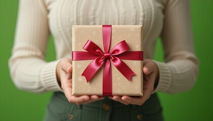A woman holds a beautifully wrapped gift tied with a satin ribbon, set against a vibrant green background.