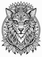 Animal Face Mandala Coloring Page for Adults, black and white, black line art, Isolated on white background