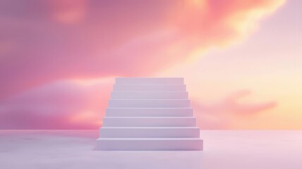 Ascending staircase with success symbols at the top, futuristic setting, 3D illustration,