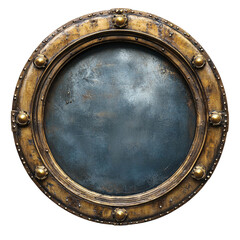 Fototapeta premium A circular metal frame with an aged texture and ornate detailing shows a dark grey background.