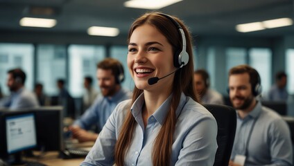 Woman in a modern call center, laughing and confidently managing customer inquiries via headset, representing efficient CRM operations