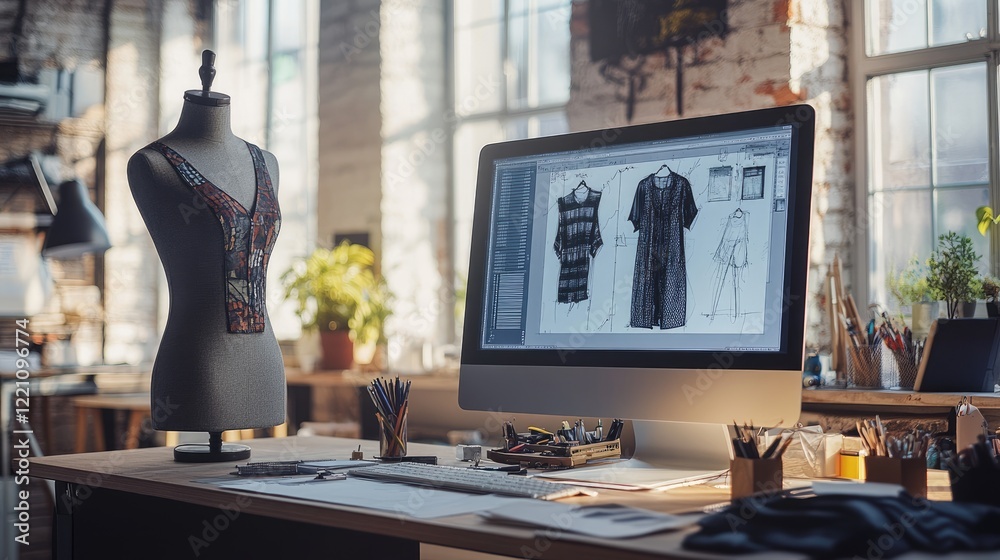 Poster fashion design workstation with a computer showing digital clothing sketches and a mannequin, highli