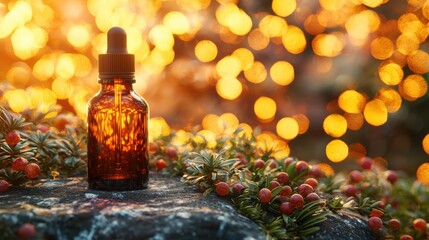 Health supplements with advanced formulations. Amber bottle surrounded by foliage and warm bokeh lights in a serene setting.