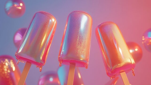 Three Iridescent Popsicles Melting Against A Pink Background