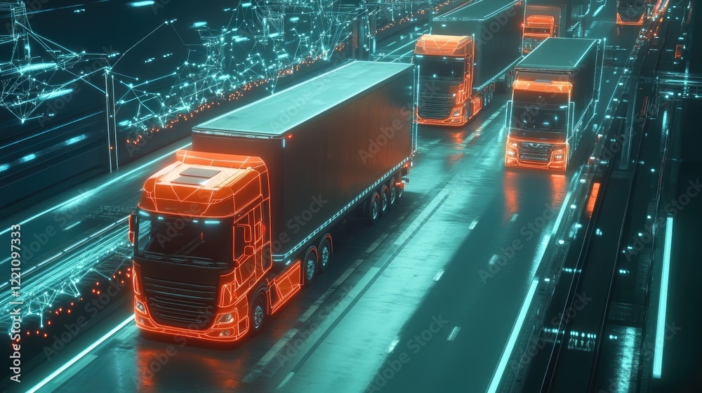 Poster fleet management system visualized through interconnected trucks on a smart global network, showcasi