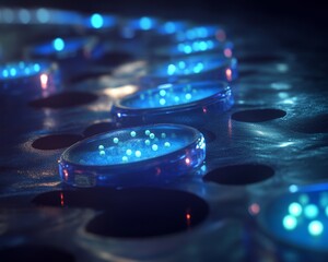 Close-up view of glowing cells in a lab environment, highlighting scientific research and innovation in cellular biology.