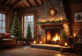 A crackling fire burns in the hearth of a rustic cabin with a Christmas tree decorated on the mantle , wooden mantel, candles