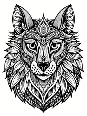 Animal Face Mandala Coloring Page for Adults, black and white, black line art, Isolated on white background
