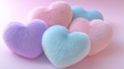 Fototapeta premium A group of soft, fluffy hearts in various pastel shades, including pink, blue, and lavender, arranged on a light gradient background, exuding warmth and charm