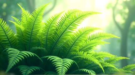 Lush Green Ferns in Sunlight Forest Nature Background