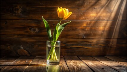 A single yellow tulip in a glass vase sits on a wooden surface, bathed in warm sunlight streaming through a window.