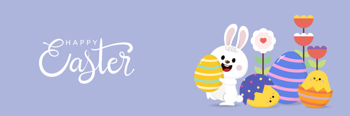 Happy Easter greeting card with cute yellow chick, colourful eggs, bunny and rabbit. Animal wildlife holiday cartoon character. -Vector.