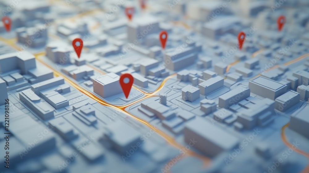 Poster Geospatial intelligence applied to logistics, visualized on a city map with location pins, showcasing real-time tracking and optimization.