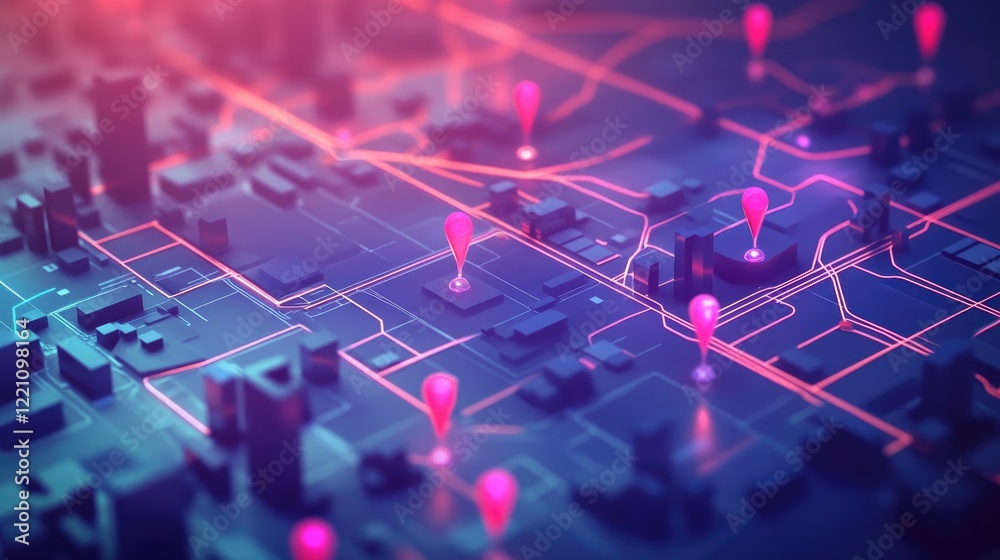 Poster Geospatial intelligence applied to logistics, visualized on a city map with location pins, showcasing real-time tracking and optimization.