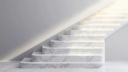 Marble staircase with key business icons on each step, elegant atmosphere, 3D illustration,