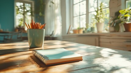 This image showcases a vibrant notebook with pencils against a background filled with sunlight and plants, perfect for conveying creativity and a positive environment.