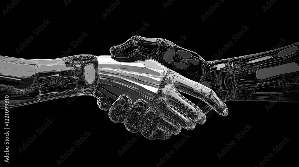 Poster human and ai hands digitally shaking, representing the collaboration and harmony between human intel