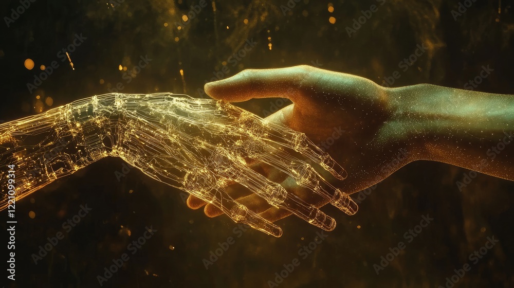 Poster Human and AI hands digitally shaking, representing the collaboration and harmony between human intelligence and machine learning.