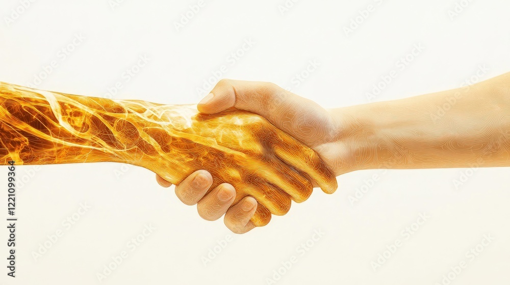 Poster human and ai hands digitally shaking, representing the collaboration and harmony between human intel