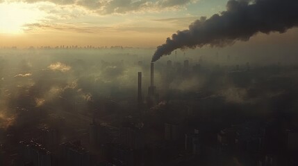Fototapeta premium Industrial chimneys emitting thick black smoke over a sprawling urban landscape, [smog], [industrial pollution].