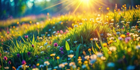 A vibrant meadow bathed in warm sunlight, a tapestry of wildflowers swaying gently in the breeze, each bloom a burst of color against the lush green backdrop.