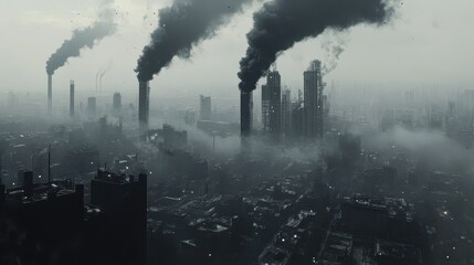 Obraz premium Industrial chimneys emitting thick black smoke over a sprawling urban landscape, [smog], [industrial pollution].