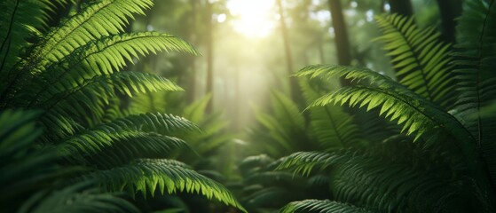 Lush green ferns basking in soft sunlight, creating a serene atmosphere in a vibrant forest setting.