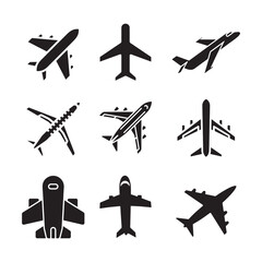 Nine Black Airplane Icons for Travel or Aviation