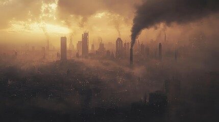 Industrial chimneys emitting thick black smoke over a sprawling urban landscape, [smog], [industrial pollution].