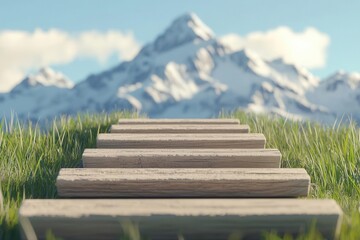 Obraz premium Wooden steps leading to a mountain of business success, nature-inspired setting, 3D illustration,