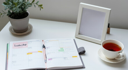 Desk with open planner, framed photo, tea, and potted plant