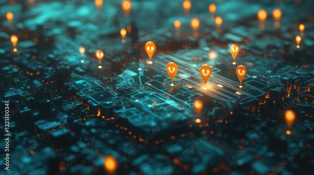 Fototapete logistics and geospatial intelligence in action, represented through location pins on a city map for