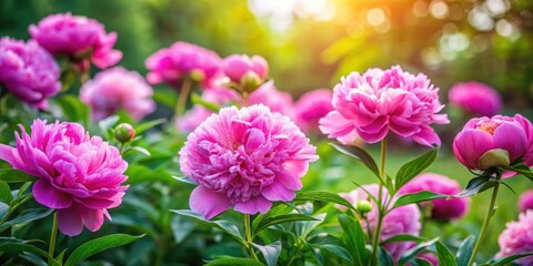Vibrant pink peonies blooming in a lush green garden with soft sunlight filtering through the foliage, peonies