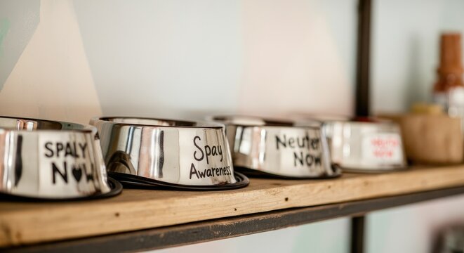 Metal pet bowls on shelf promoting spay and neuter awareness