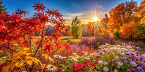 A fiery autumn sunset casts a warm glow on a vibrant field of wildflowers, where red, orange, and yellow leaves dance on the gentle breeze.