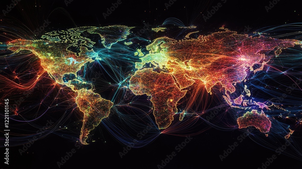 Poster networked connections spanning the globe, showing how technology bridges distances and connects peop