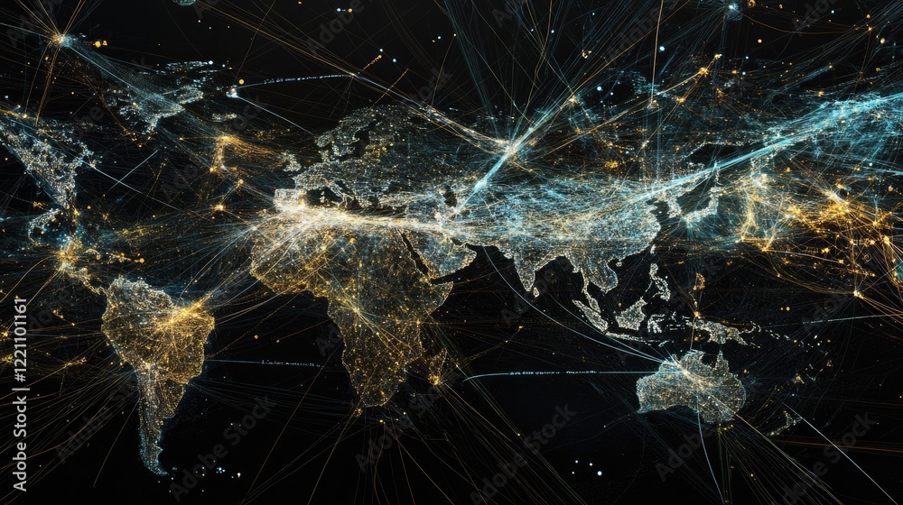 Poster networked connections spanning the globe, showing how technology bridges distances and connects peop