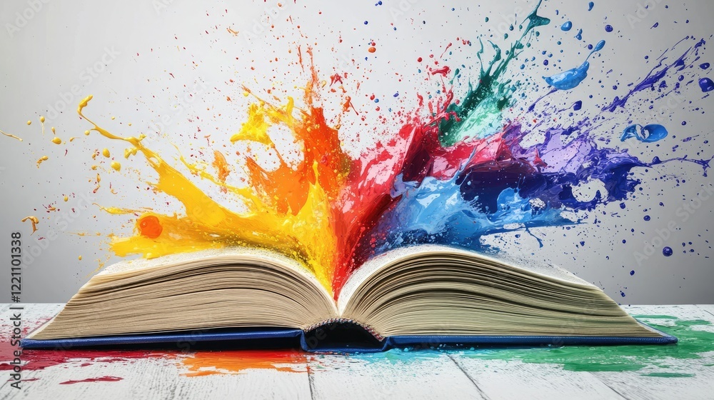 Poster Pages of a book burst open with colorful paint splashes, symbolizing the burst of creativity and inspiration found within stories.