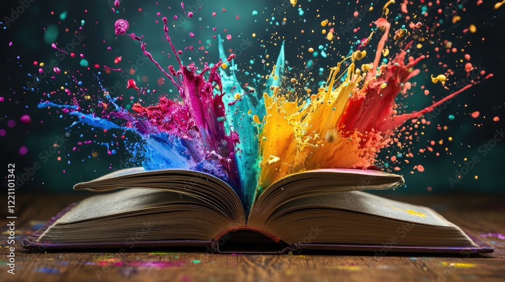 Poster pages of a book burst open with colorful paint splashes, symbolizing the burst of creativity and ins
