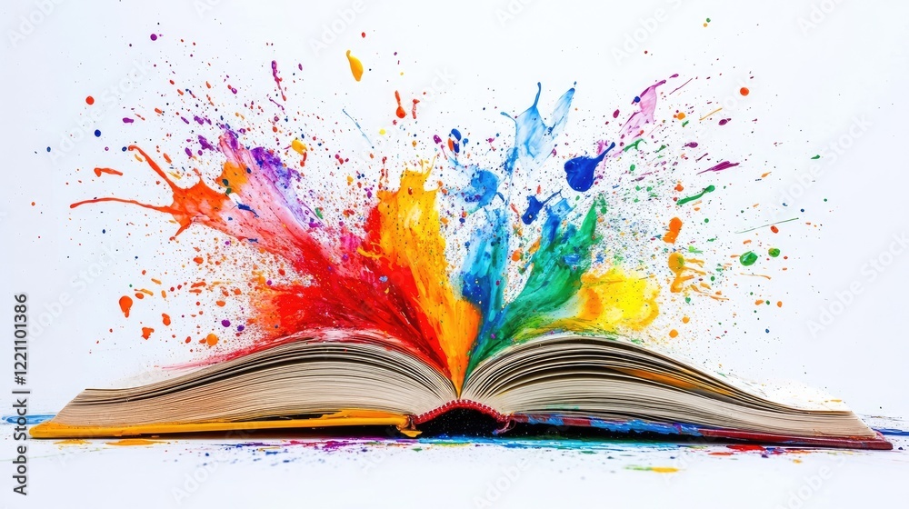 Poster Pages of a book burst open with colorful paint splashes, symbolizing the burst of creativity and inspiration found within stories.