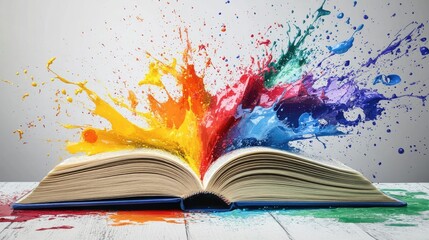 Pages of a book burst open with colorful paint splashes, symbolizing the burst of creativity and inspiration found within stories.