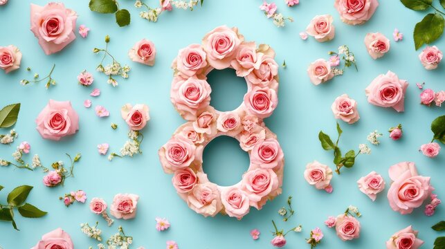 A dynamic floral design with pink roses and soft pastel colors surrounding the number eight, perfect for Womens Day - Powered by Adobe