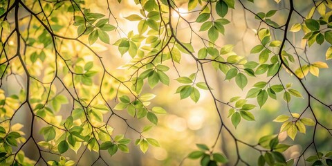 The delicate foliage of a tree, illuminated by warm sunlight, creates a mesmerizing interplay of light and shadow