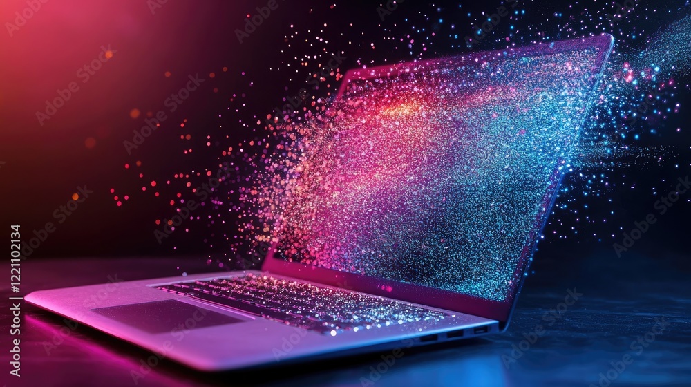 Poster Programming code flows behind a laptop streaming digital content, representing the complex processing of digital data in modern tech.