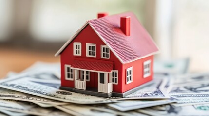 Red miniature house on a pile of dollar bills, representing the financial potential of real estate investment and wealth building.
