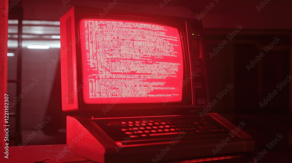 Poster Red-lit vintage computer screen displaying code, evoking a sense of nostalgia for the early era of programming and technology.