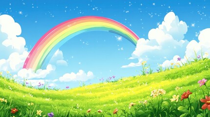 Rainbow Arcing Over a Lush Green Meadow Landscape