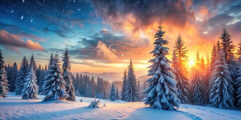 Fototapeta premium A Winter Wonderland Illuminated by a Majestic Sunset, Snow-Covered Trees Standing Tall Against a Dramatic Sky