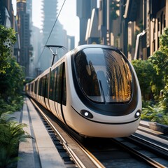 Fototapeta premium A sleek, modern train glides through a futuristic cityscape, surrounded by lush greenery and towering buildings, showcasing urban transport innovation.
